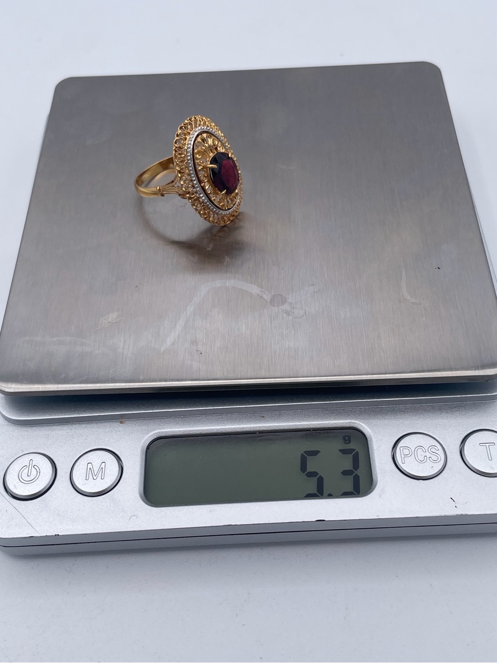 Mid-century Vintage 18K Yellow Gold Red Tourmaline Filigree Cocktail Ring Size8 - Picture 9 of 11